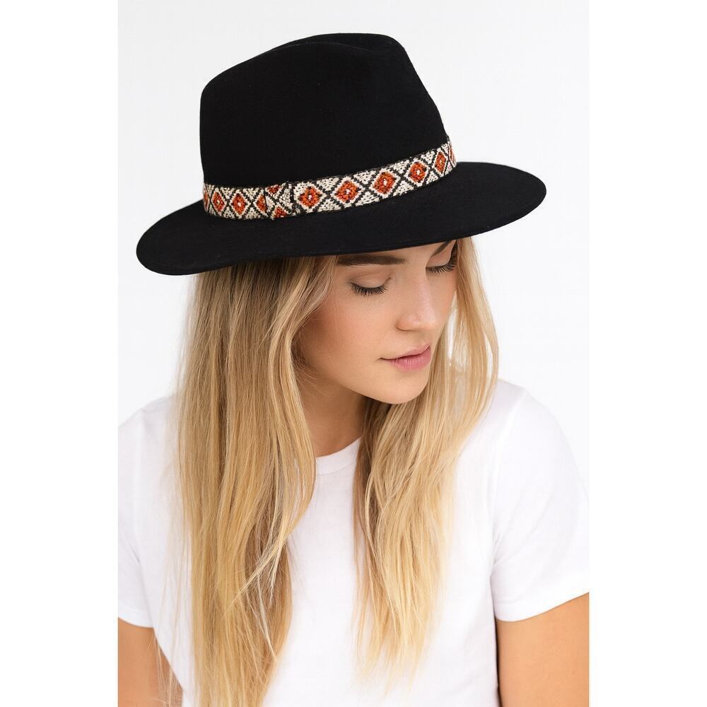 IKAT Band Western Hat Black Fedora Style Boho Southwestern Festival